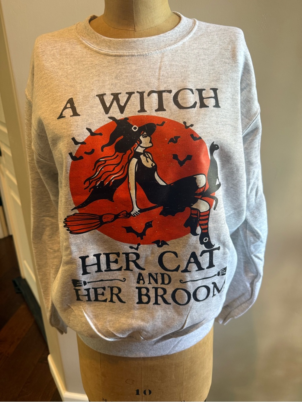 Halloween Light Gray Crewneck with Orange and Black Witch Graphic